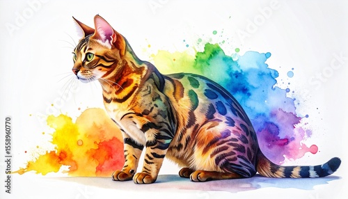 Bengal Cat Painted In Watercolor On A White Background In A Realistic Manner, Colorfu