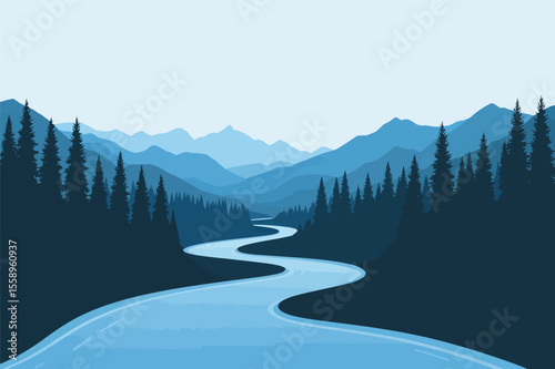 Serene mountain river winding through majestic blue mountains