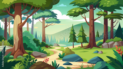 Stylized cartoon forest scene with a winding path and tall trees under a bright sky
