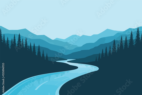 Serene mountain river winding through majestic peaks