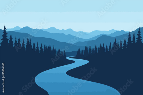 Serene mountain river winding through majestic peaks