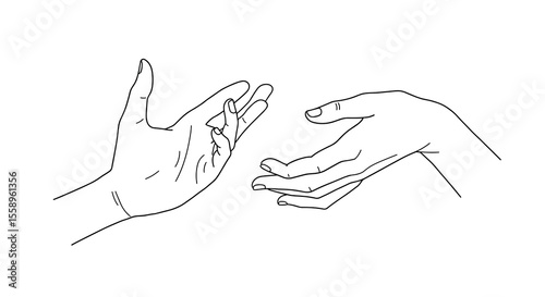 Minimalist line art vector illustration of two hands reaching toward each other