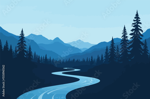 Serene mountain river winding through majestic blue mountains