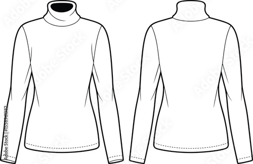Blank White Long Sleeve Turtleneck T-Shirt Apparel Template, Front and Back View, Classic Mock Neck Top, Fashion Technical Flat Sketch, Vector Illustration for Design and Presentation