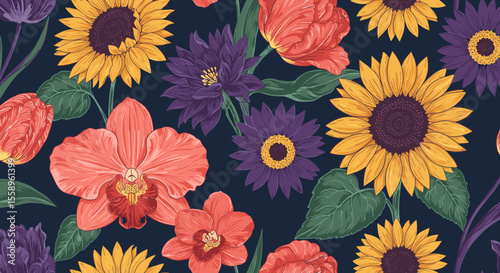 Floral pattern vector illustration: sunflowers and orchids on dark background, design for card or poster, flat style