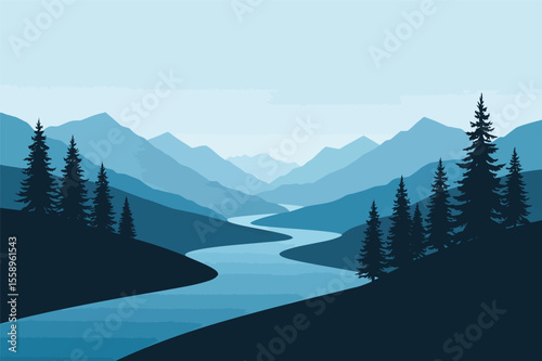 Serene mountain river landscape blue hues tranquil nature scene