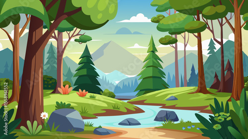 A serene cartoon forest landscape with a winding river and distant mountains under a bright sky