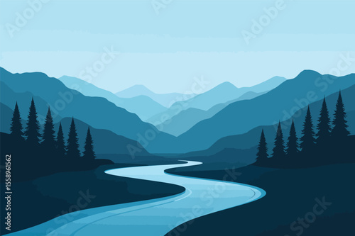 Serene mountain river winding through majestic blue mountains