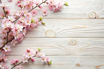 A high-angle, full shot of delicate branches of pink cherry blossoms arranged in a corner border design on a white wooden plank surface.