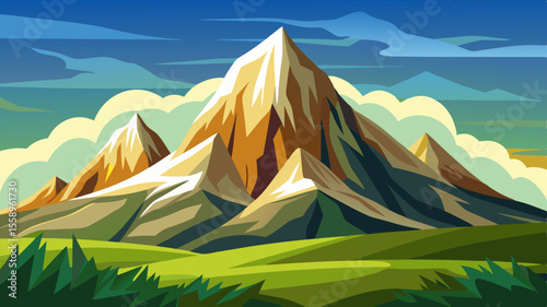 Stylized illustration of majestic snow capped mountains under a vibrant blue sky with clouds and green hills