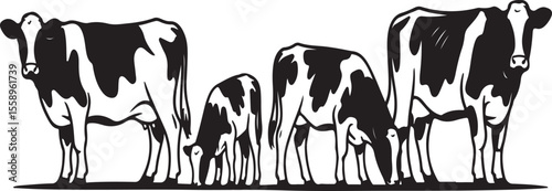 Black and white Holstein cows grazing in a field farm