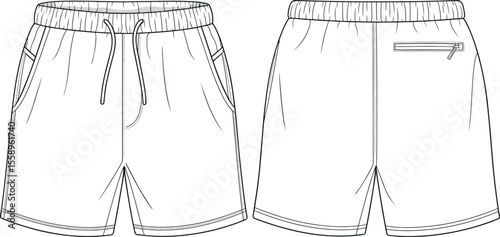 Men's Casual Sportswear Flat Sketch: Stylish Athletic Shorts with Drawstring Waist, Pockets, and Back Zipper Detail for Design Templates, Fashion Mockups, and Activewear Collections.