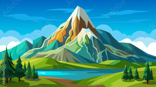 Majestic mountain peak with snow and colorful rocks overlooking a serene lake and green rolling hills