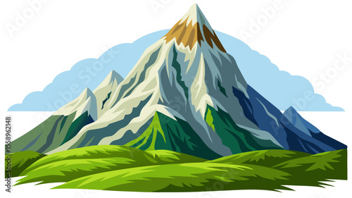 Stylized illustration of majestic snow capped mountains with green rolling hills and clouds