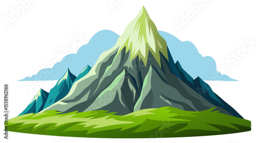 Stylized illustration of a majestic mountain range with green grassy foothills and blue sky with clouds