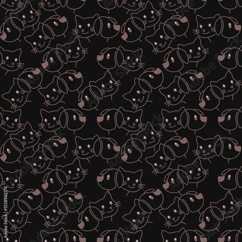 Canvas Print seamless pattern of cats and dogs doodle with black background