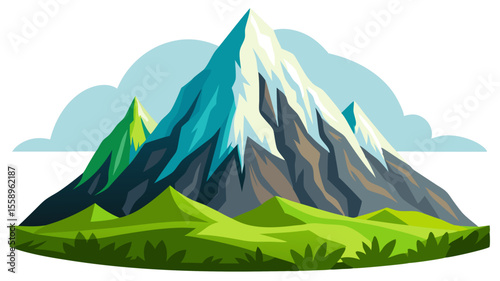 Stylized illustration of a majestic snow capped mountain range with green rolling hills and clouds