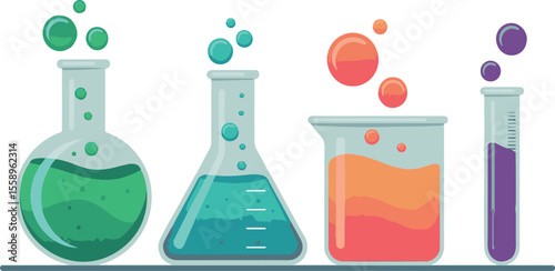 Colorful bubbling liquids in laboratory glassware science experiment