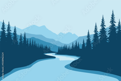 Serene mountain river winding through majestic mountains