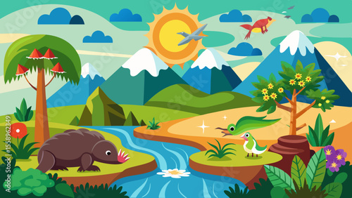 Charming cartoon landscape with a mole birds a crocodile and a river flowing through mountains