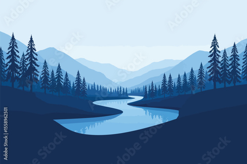 Serene mountain river winding through majestic blue mountains