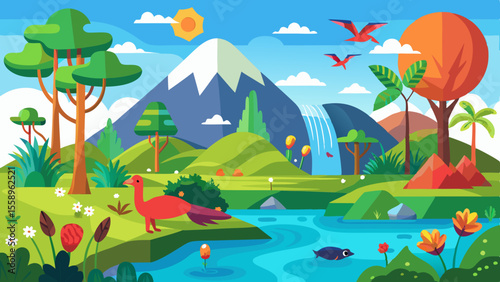 Vibrant prehistoric landscape with a red bird dinosaurs flying a waterfall and a mountain under a sunny sky