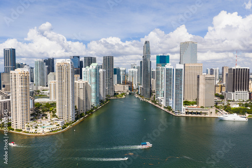 Aerial view of Brickell skyscrapers. Modern cityscape of downtown Miami. Panoramic Miami skyline above the coastline.