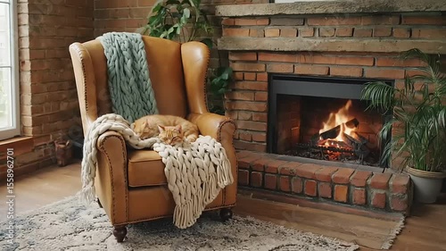Cozy scene cats sleep in chair near fireplace, blankets, plants