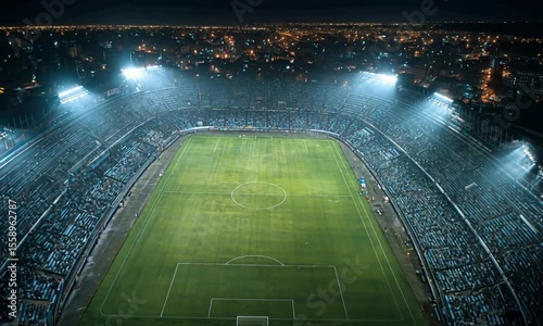 Aerial view of a soccer stadium filled with spectators at night under bright stadium lights
