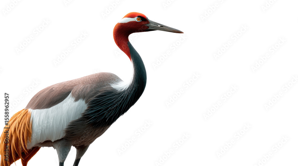 Fototapeta premium Graceful Crane in Isolation: A single, striking crane, showcasing vibrant plumage and elegant poise, isolated against a pristine expanse, representing purity and natural beauty.