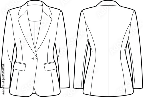 Sophisticated Women's Business Blazer Flat Sketch, Professional Tailored Jacket Apparel Design Vector, Front Back View Illustration, Fashion Template.