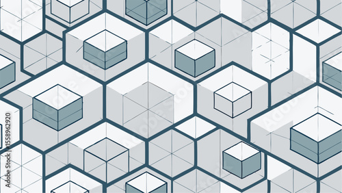 Vector art of a seamless pattern of grey and blue cubes arranged in hexagons isolated on transparent background, creating a modern geometric design