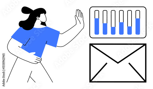 Woman gesturing to stop, bar graph, and envelope symbolizing data overload, email management. Ideal for workload balance, digital detox, productivity, communication, analytics prevention simple