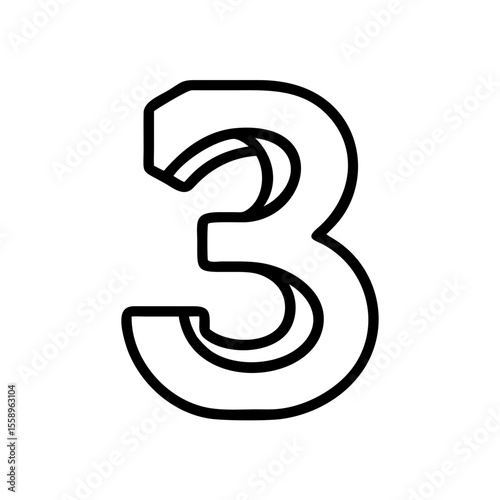 Stylized outline number three with curved shapes in minimal design on white background