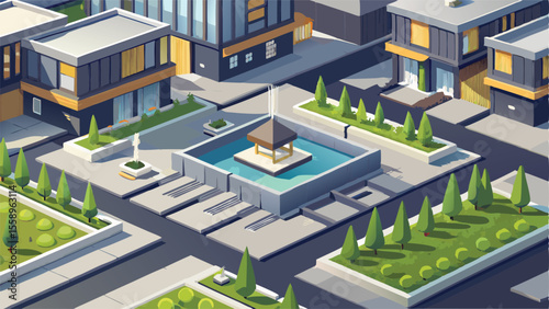 Vector art of an isometric illustration presents a modern residential area with a central fountain, surrounded by sleek houses and landscaping
