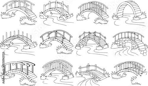 Garden bridges crossing streams with grassy banks arched