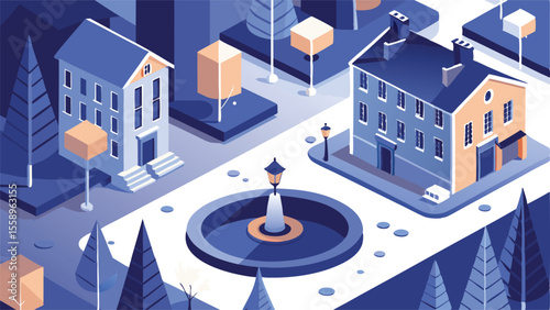 Vector art of isometric vector illustration of a town square in winter, featuring classic buildings, snow covered trees, and a central fountain at night