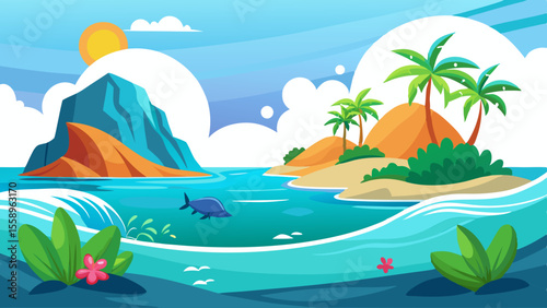 Vibrant cartoon illustration of a tropical island paradise with palm trees a mountain and a fish swimming in the ocean