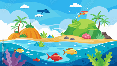 Vibrant cartoon tropical island paradise with clear blue ocean water and colorful fish swimming underwater