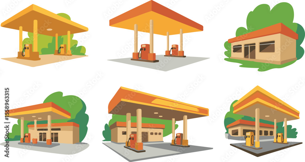 Gas stations with pumps and buildings surrounded by green foliage fuel pump service station Gas stations with pumps and buildings surrounded by green foliage fuel pump service station