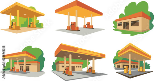 Gas stations with pumps and buildings surrounded by green foliage fuel pump service station