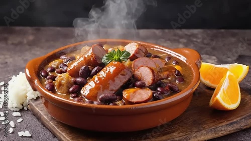 Steaming bowl of savory beans, sausages, rice, and orange slices on a wood board