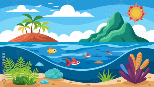 Vibrant tropical island paradise with clear blue ocean water and colorful fish swimming underwater