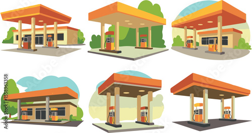 Gas station pumps and building fuel pumps service station