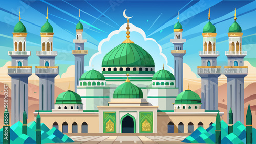 Al-Masjid an-Nabawi, Medina, Saudi Arabia
Green dome and silver minarets shine beneath the pale blue sky. The entire structure appears majestic and symmetrical, surrounded by wide marble plazas filled
