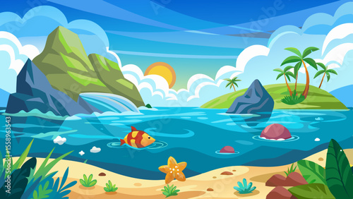 Vibrant cartoon tropical island paradise with palm trees waterfall and fish swimming in clear blue ocean water