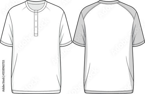 Men's White Blank Short Sleeve Raglan Henley T-Shirt Mockup Template, Front and Back Views, Casual Fashion Apparel Design for Print, Editable Vector Illustration