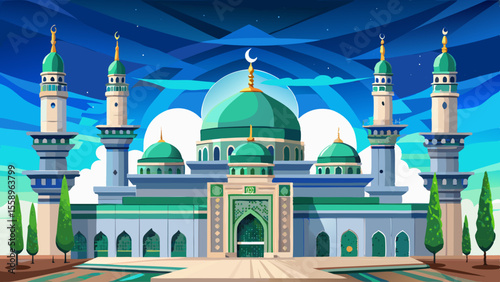 Al-Masjid an-Nabawi, Medina, Saudi Arabia
Green dome and silver minarets shine beneath the pale blue sky. The entire structure appears majestic and symmetrical, surrounded by wide marble plazas filled