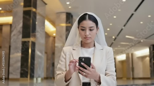 Woman in cream suit uses phone in marble hall with veil detail