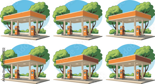 Orange gas station canopy with pumps and trees vector